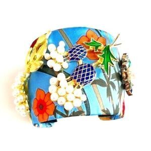Statement Floral & Pearl Cuff Bracelet Blue Multi-Color Bohemian Gold Accents